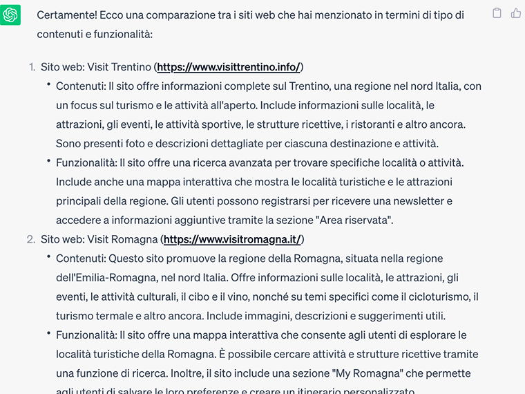 Competitive analysis tramite ChatGPT del contenuto e delle funzionalità di 3 siti web