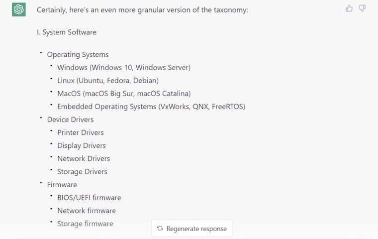 Tassonomia del software elaborata da ChatGPT: 1 System Software, 1.1 Operating Systems, 1.2 Device Drivers, 1.3 Firmware ecc.