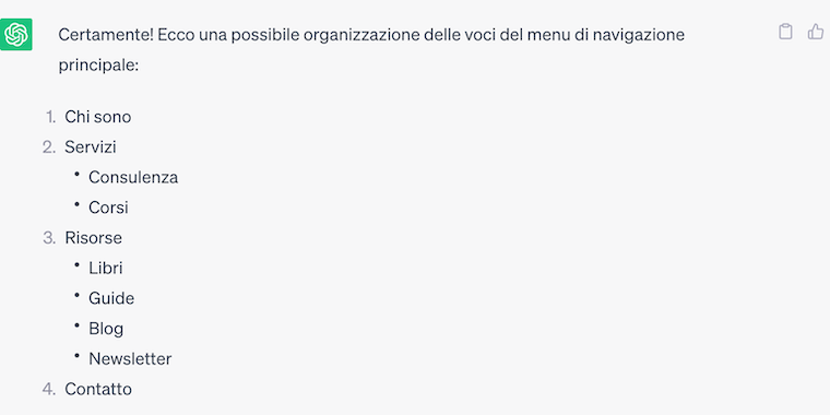 ChatGPT elabora una navigazione alternativa per il sito Lucarosati.it: 1 Chi sono, 2 Servizi, 2.1 Consulenza, 2.2 Corsi, 3 Risorse, 3.1 Libri, 3.2 Guide, 3.3 Blog, 3.4 Newsletter, 4 Contatto