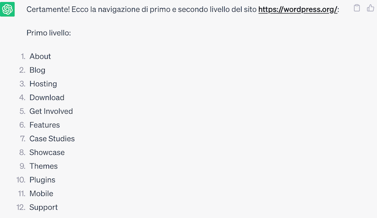 ChatGPT ricava tramite la url la navigazione del sito WordPress.org: About, Blog, Hosting, Download, Get Involved, Features, Case Studies, Showcase, Themes, Plugins, Mobile, Support